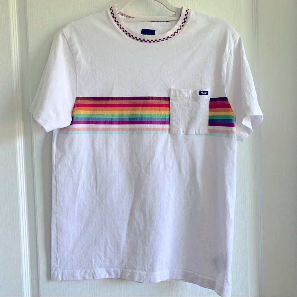 Vans White Short Sleeve Tee with Vibrant Rainbow Design